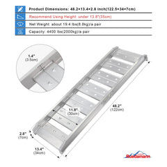 Ruedamann truck ramps emphasize 48.2 by 13.4 by 2.8 inch dimensions for fit and stability.