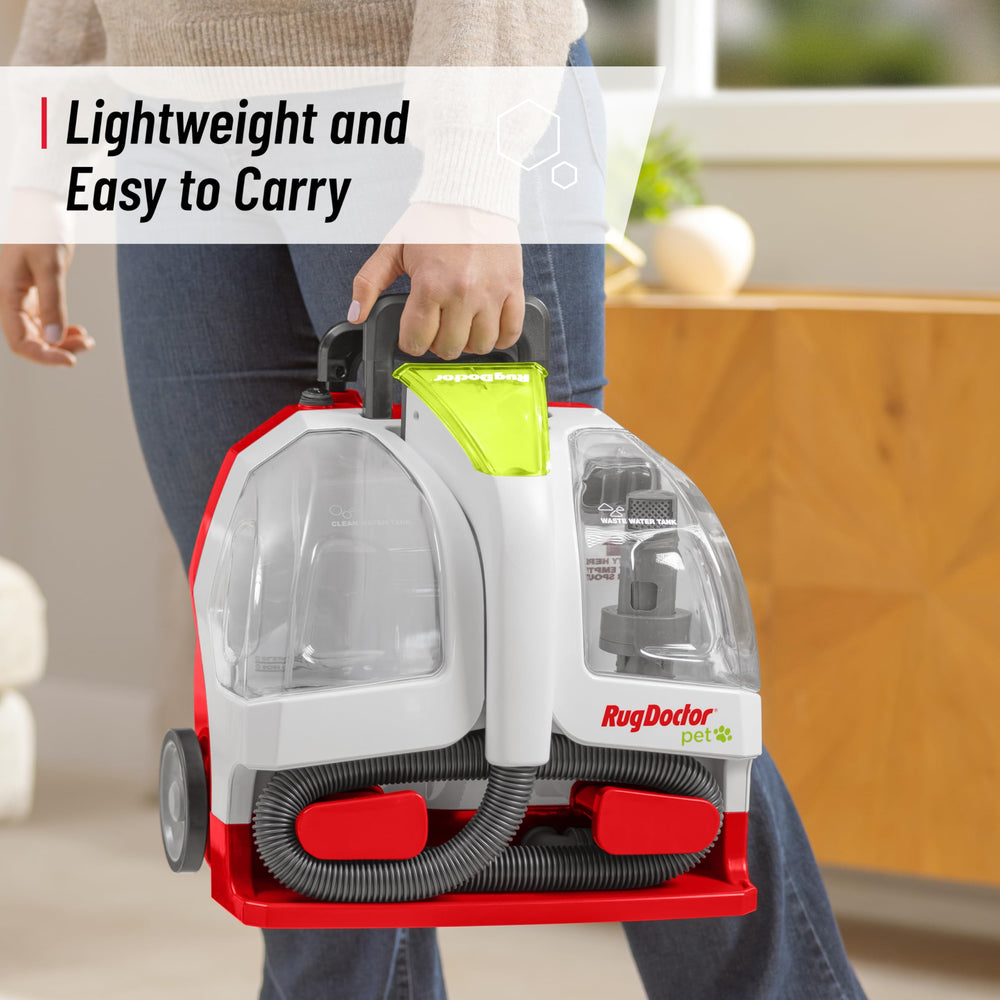 Rug Doctor Pet Portable Spot Cleaner dual-tank system keeps water separate for better cleaning.