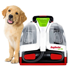 Rug Doctor Pet Portable Spot Cleaner front view highlighting compact design for easy maneuverability.