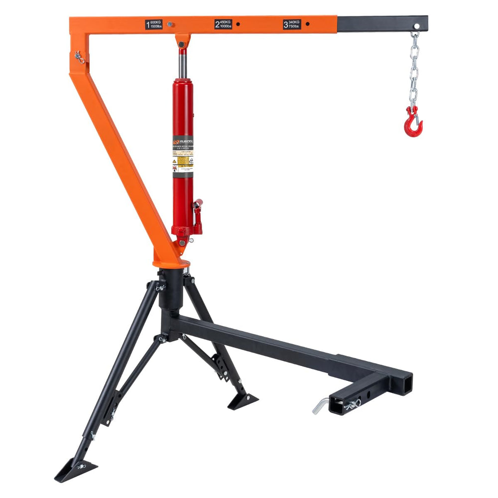 Rugcel Winch front view showing rugged receiver crane for heavy lifts