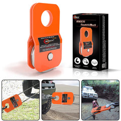 RUGCEL WINCH snatch block orange—doubles pulling power for tough off-road recoveries.