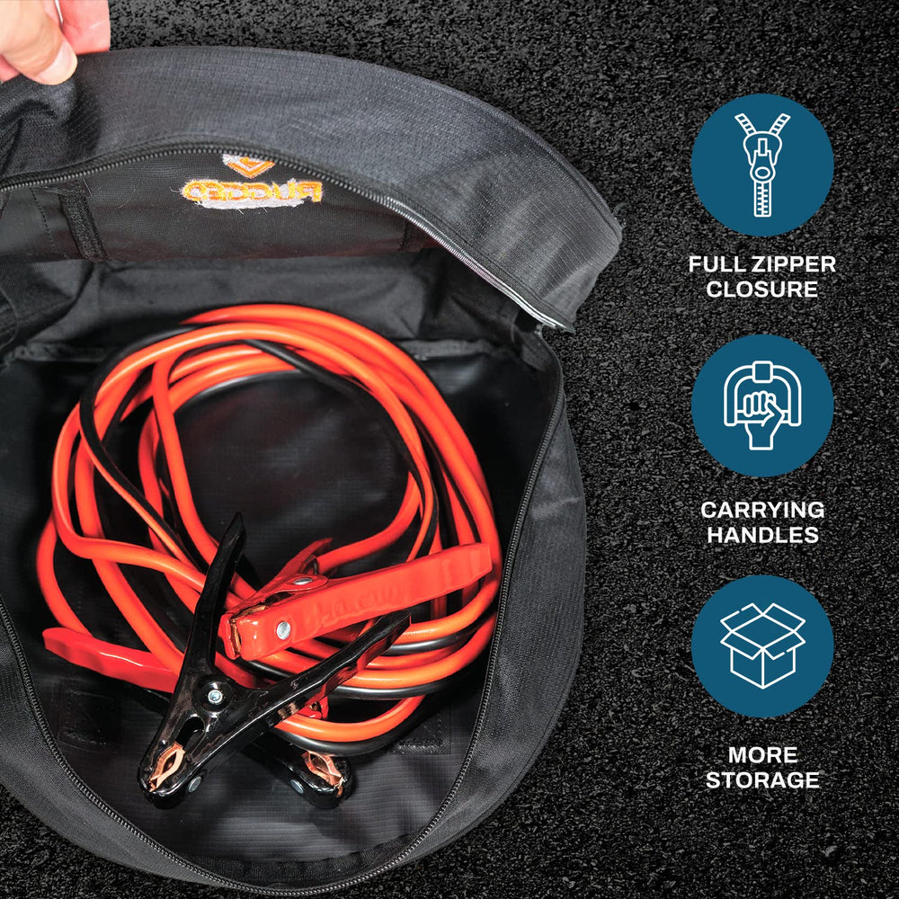 Rugged Tools cable bag EV charging cables ready for trunk storage and quick access.