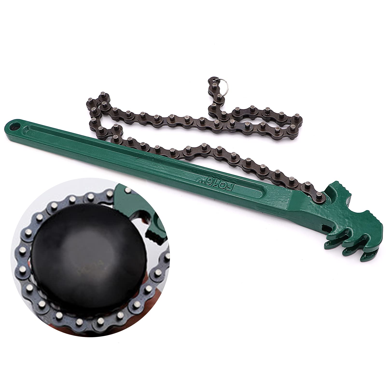 Ruikarhop chain wrench in use, locked onto a filter for easy removal.