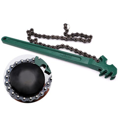 Ruikarhop chain wrench in use, locked onto a filter for easy removal.