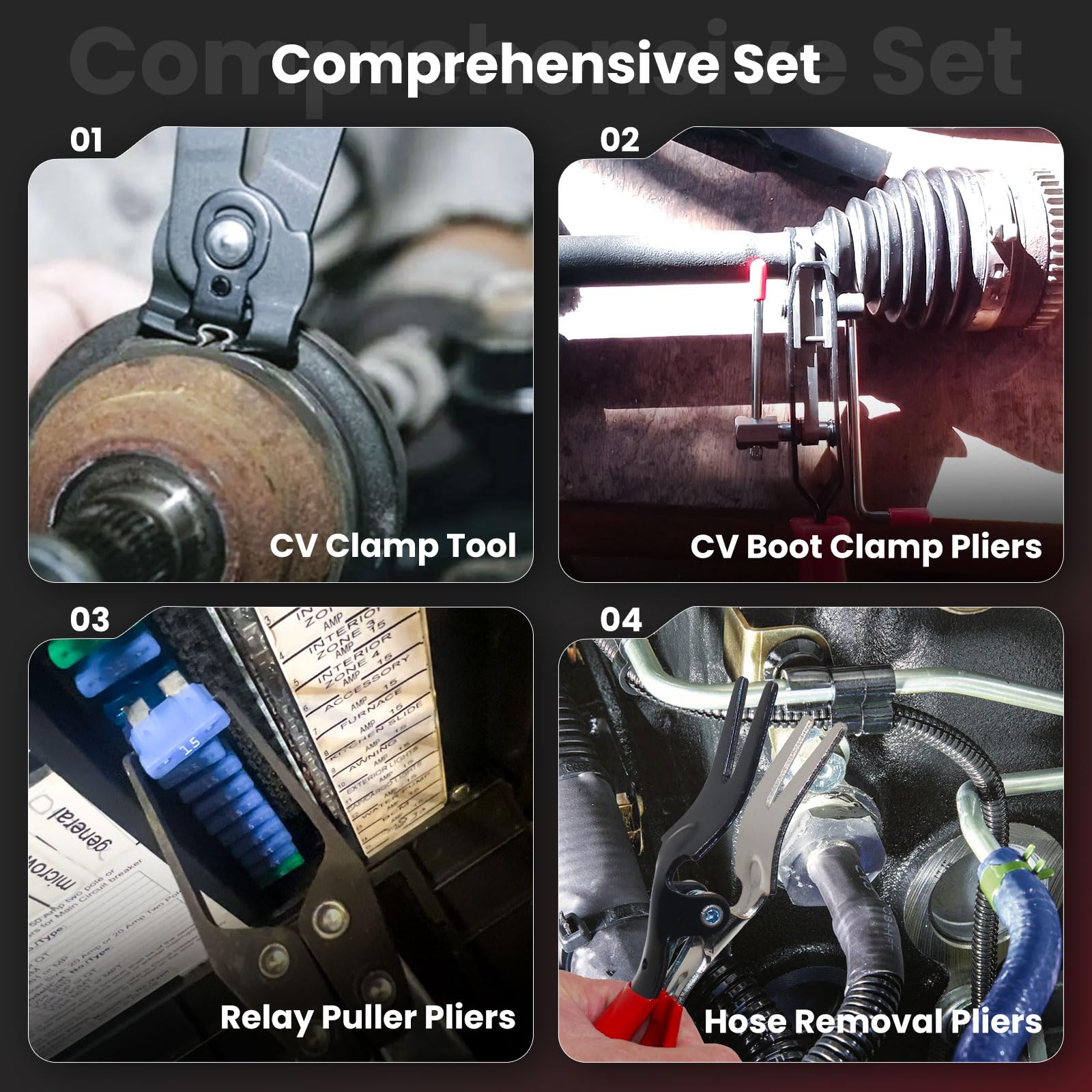 RUITONDA CV axle boot hose removal pliers provide access in tight spaces.