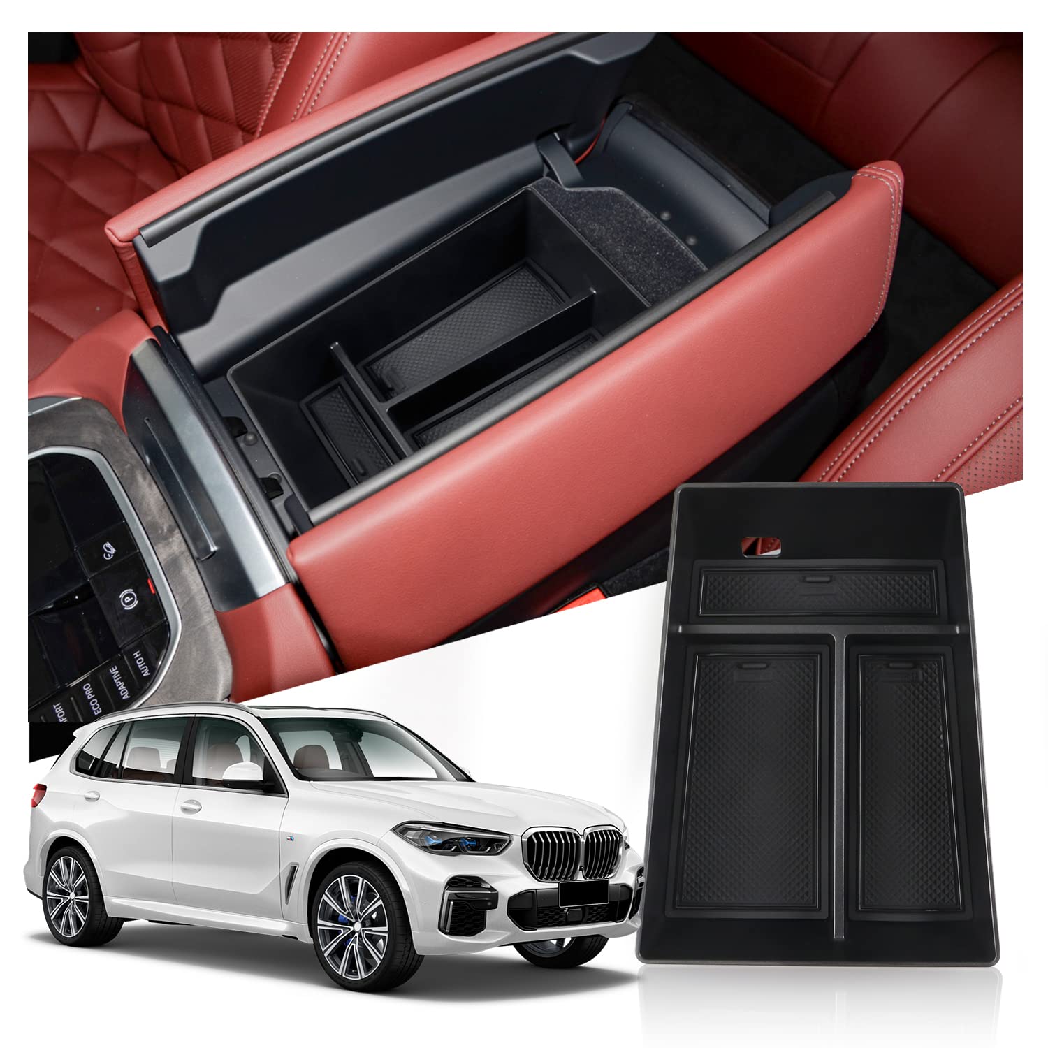 Ruiya center console organizer tray for BMW X5/X6/X7 keeps essentials neatly at hand.