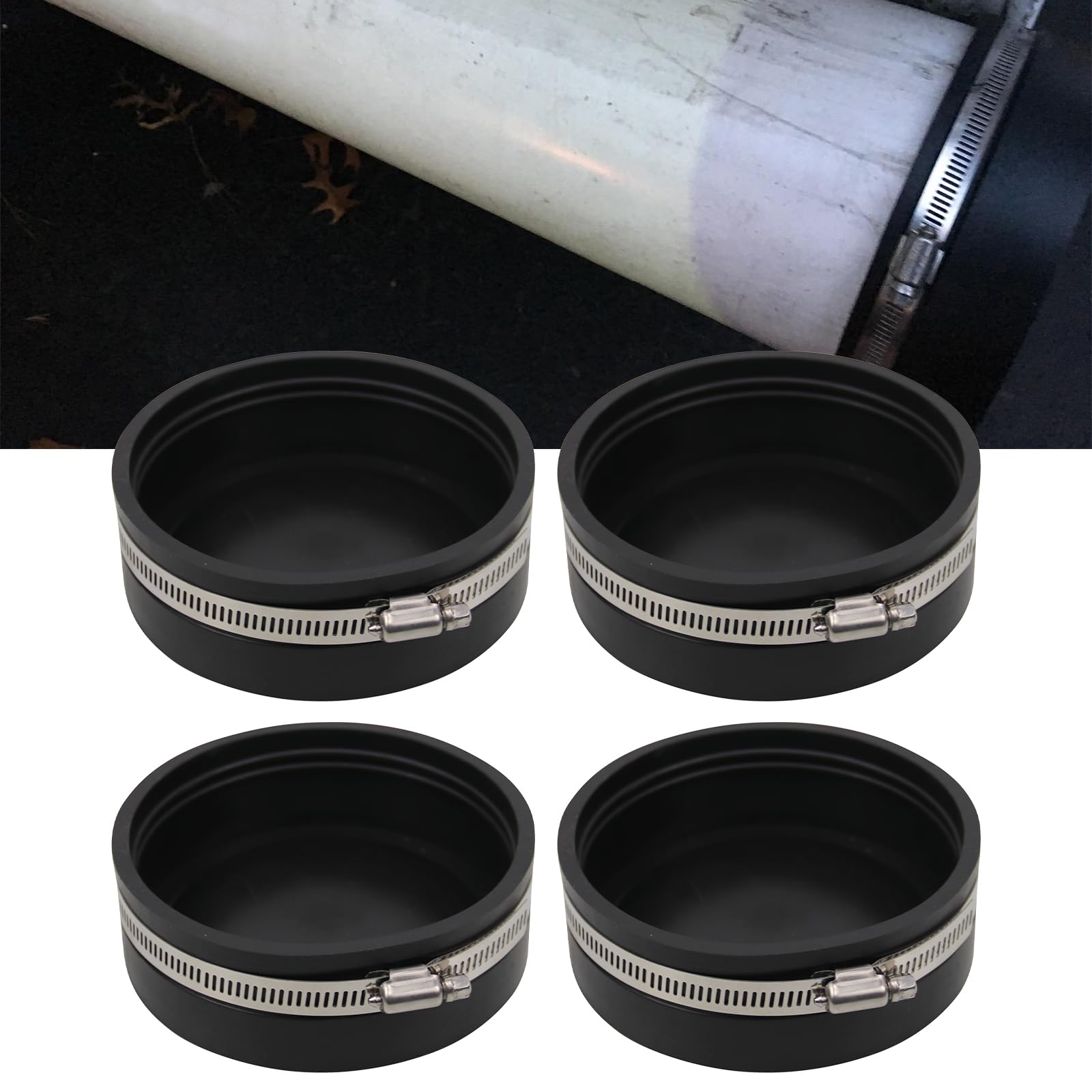 RULLINE 4in PVC cap black side view showing durable end seal for DWV projects.