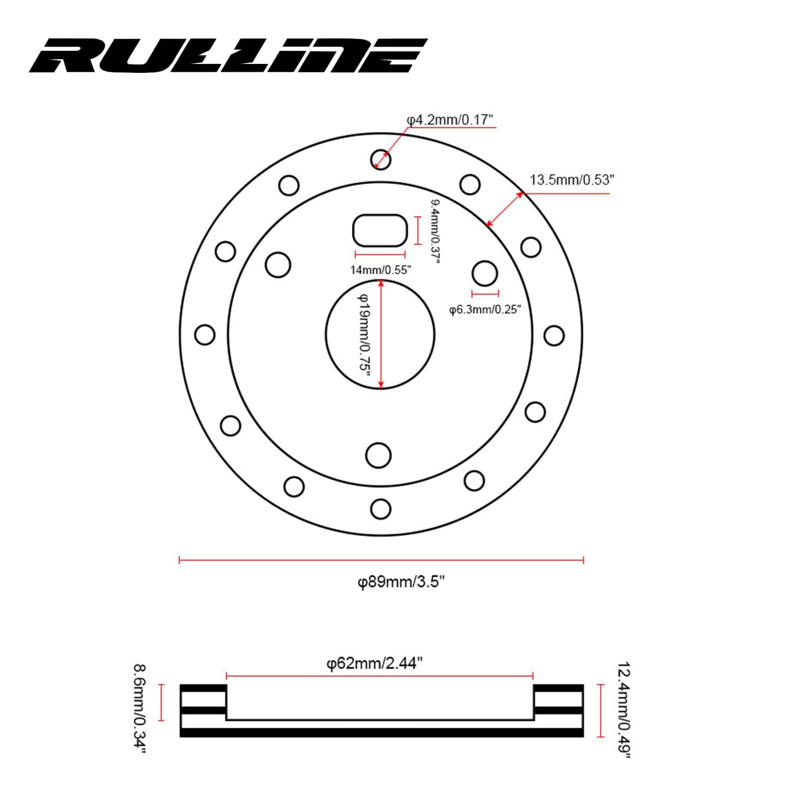 RULLINE billet spacer in black with 70mm and 74mm bolt circle compatibility