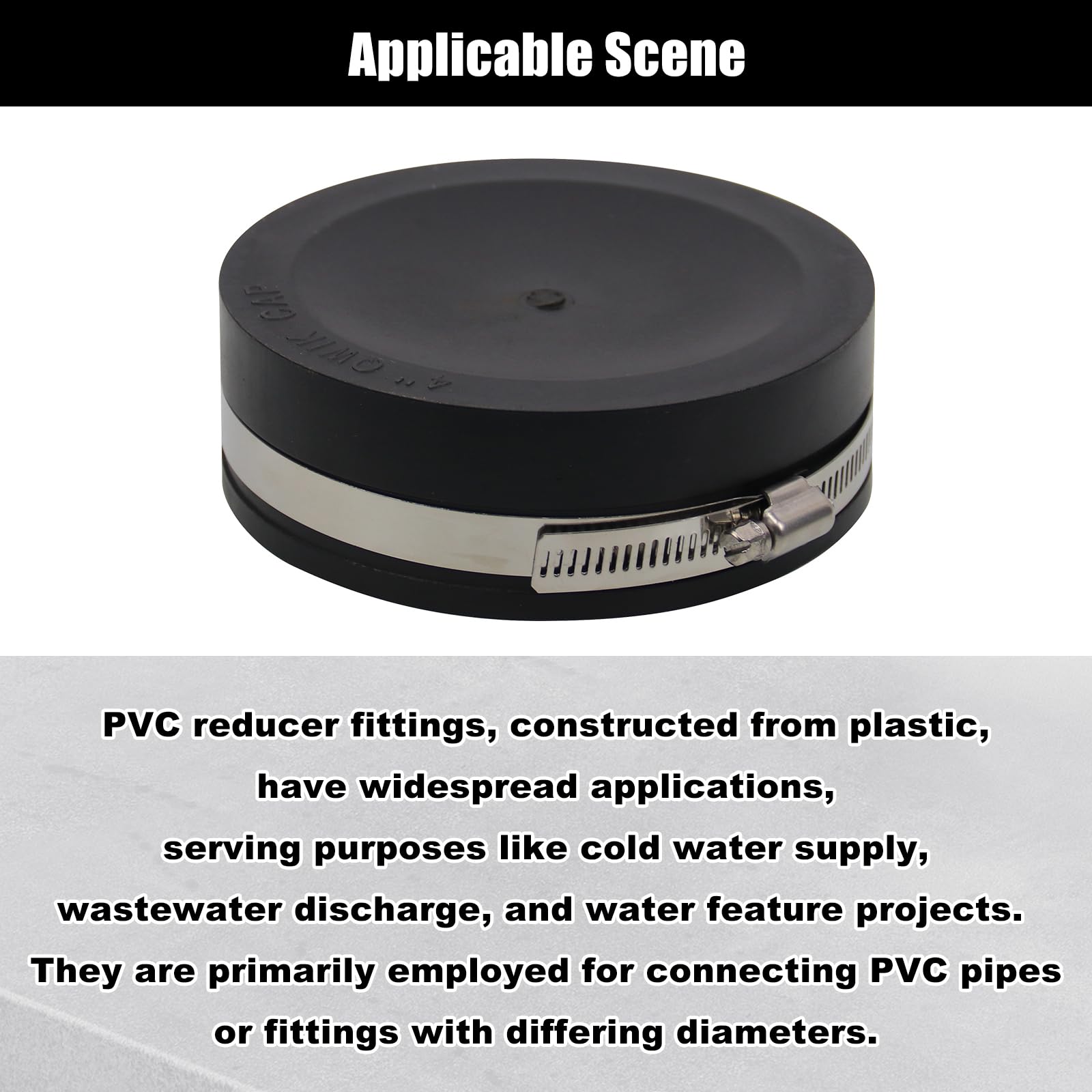 RULLINE black PVC cap in outdoor DWV use for non-pressure drainage applications.