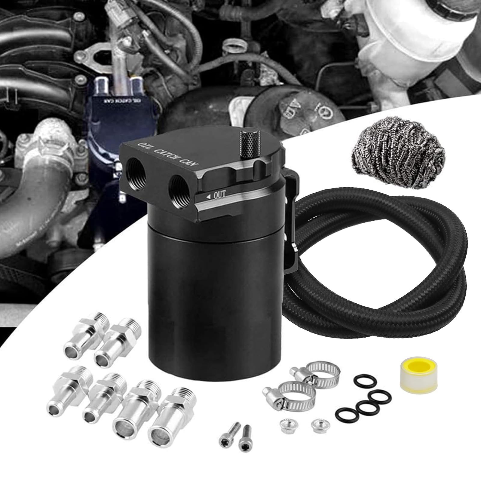 RULLINE oil catch can front view, compact 350ml reservoir for cleaner engine intake.