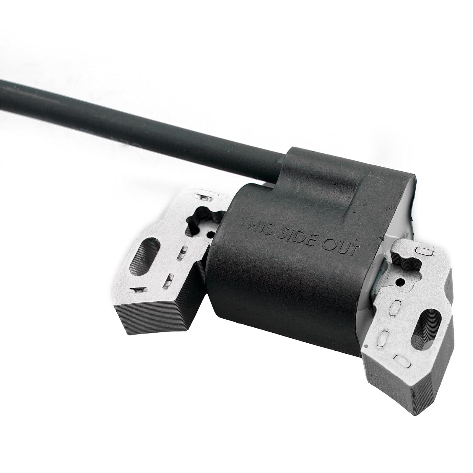Ruma ignition coil on lawn mower shows reliable ignition for Vanguard engines.