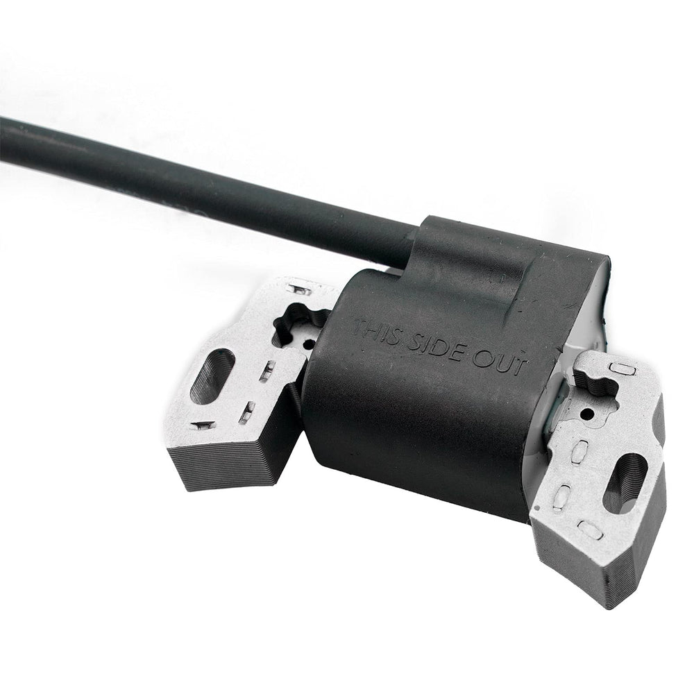 Ruma ignition coil on lawn mower shows reliable ignition for Vanguard engines.