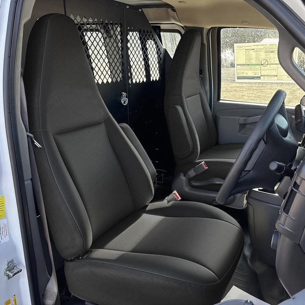 Runfider custom 600D seat cover on Chevy Express front bucket seat offers durable protection.