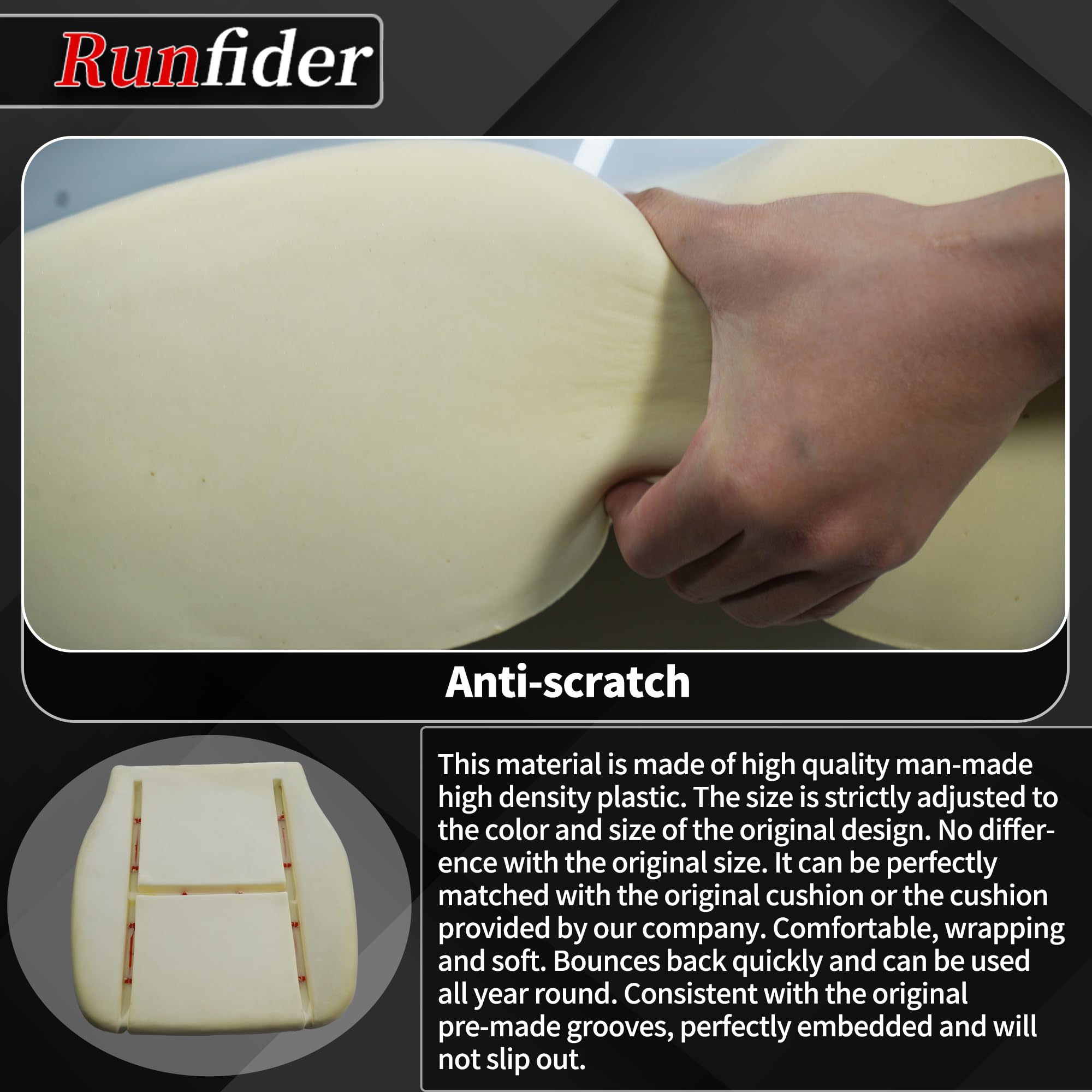 Runfider seat-foam removal and installation; demonstrates replacement steps.