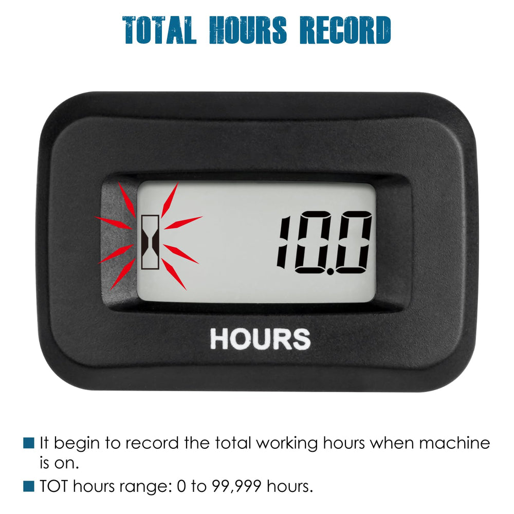 Runleader hours counter side view highlights broad voltage compatibility for many machines
