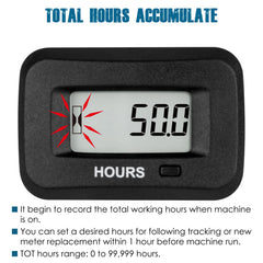 Runleader hour meter close-up display shows clear readings for easy monitoring.