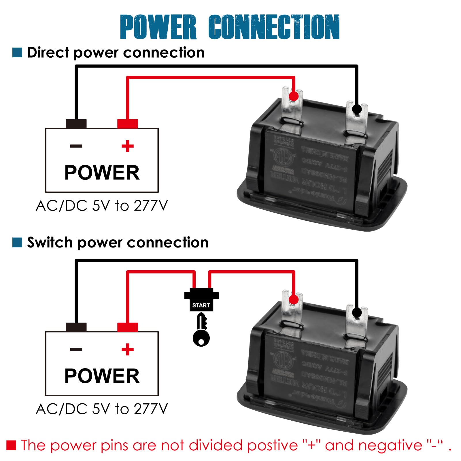 Two-pin power connection simplifies wiring with no polarity required.