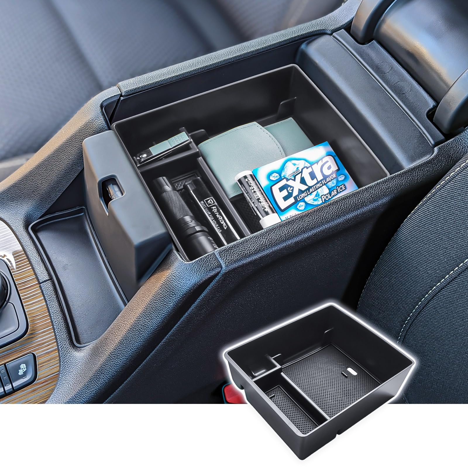 RUNROAD Acadia center console organizer tray keeps essentials within reach.