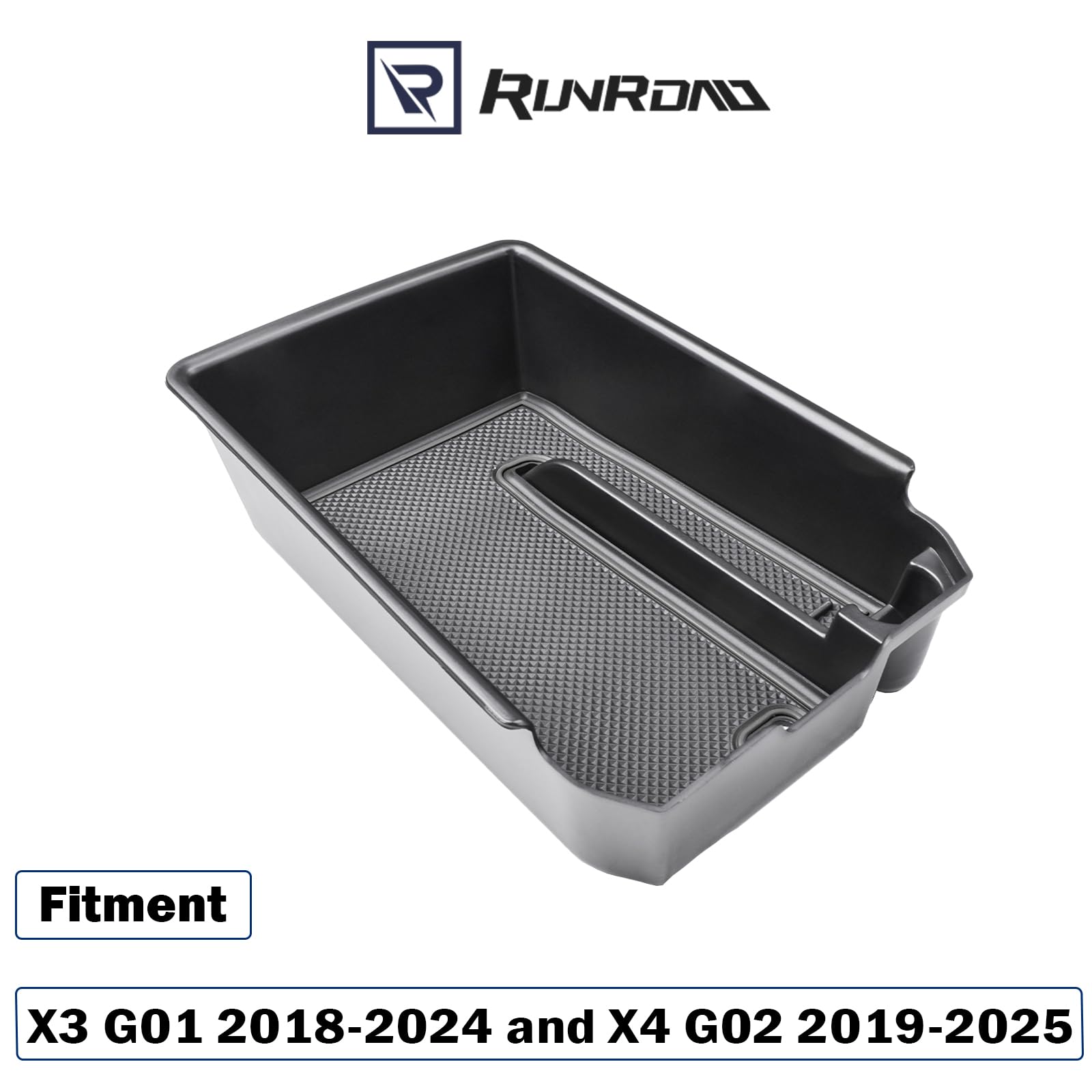 RUNROAD armrest tray installed in BMW X3/X4 showing quick-access storage.