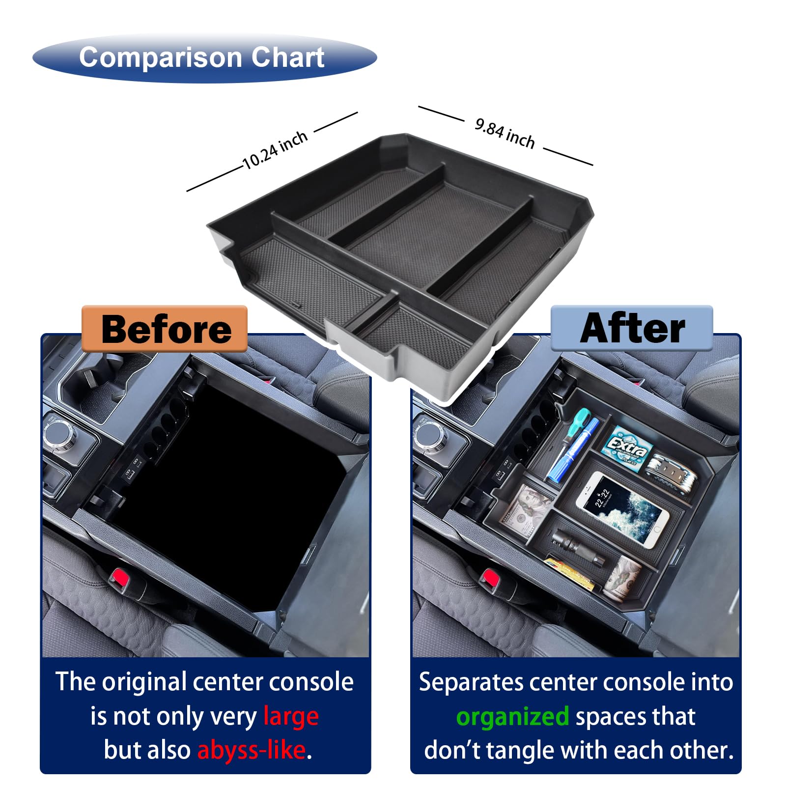 RUNROAD center console tray shows sleek ABS material compatible with truck interiors.