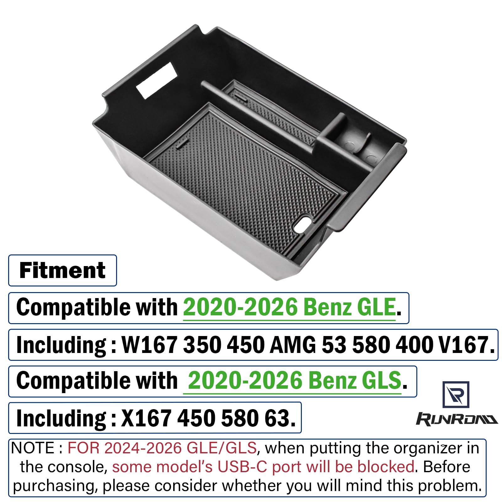 RUNROAD GLE W167 custom-fit center tray inside Mercedes cabin