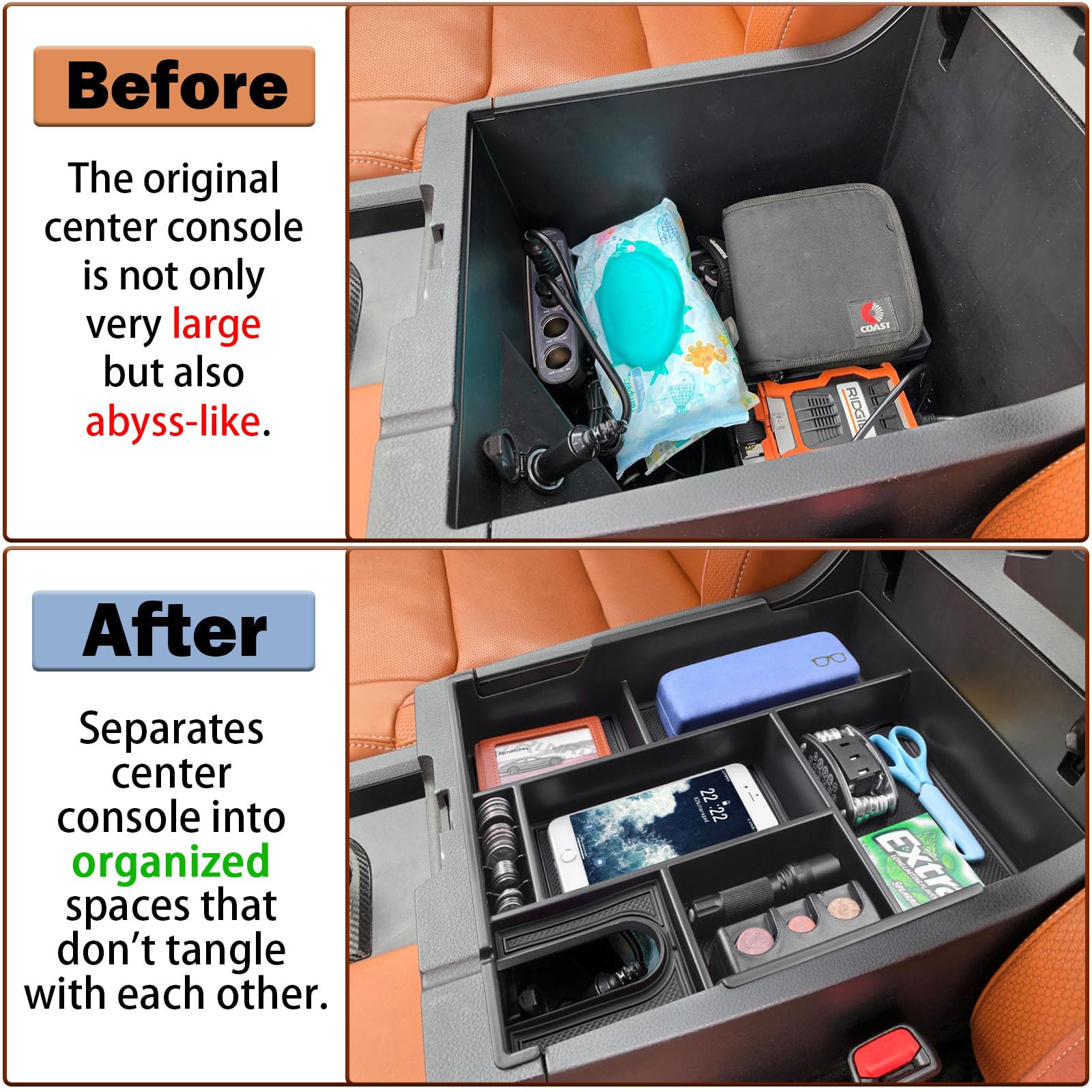 RUNROAD console tray with soft liners cushions items and prevents scratching.