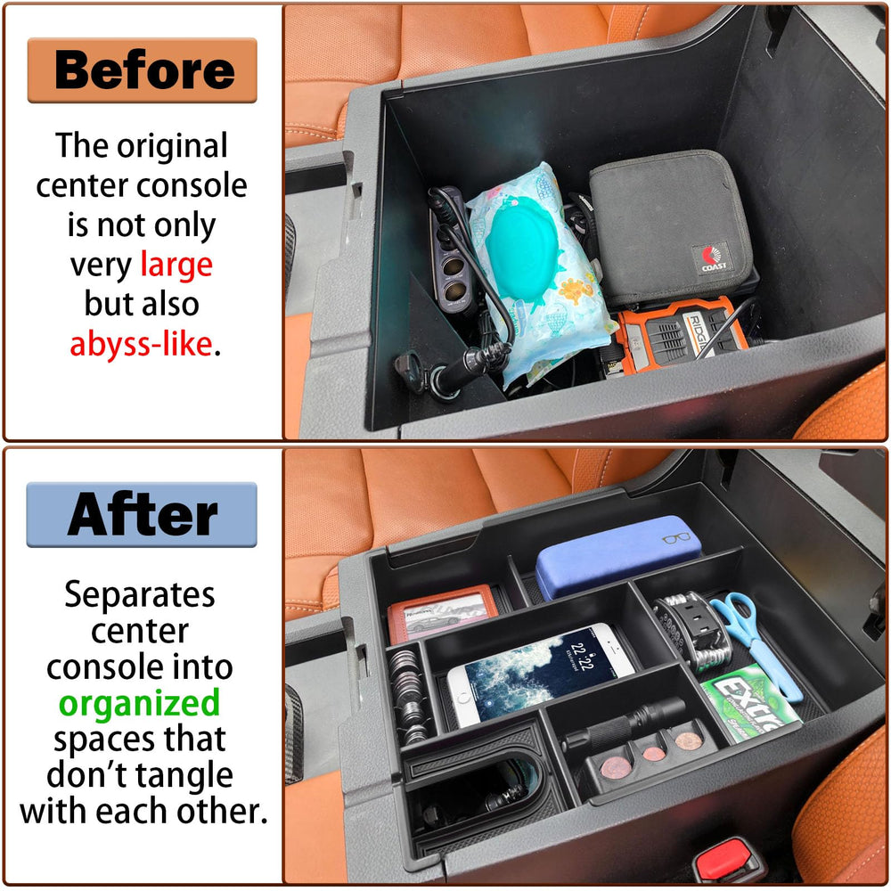 RUNROAD console tray with soft liners cushions items and prevents scratching.
