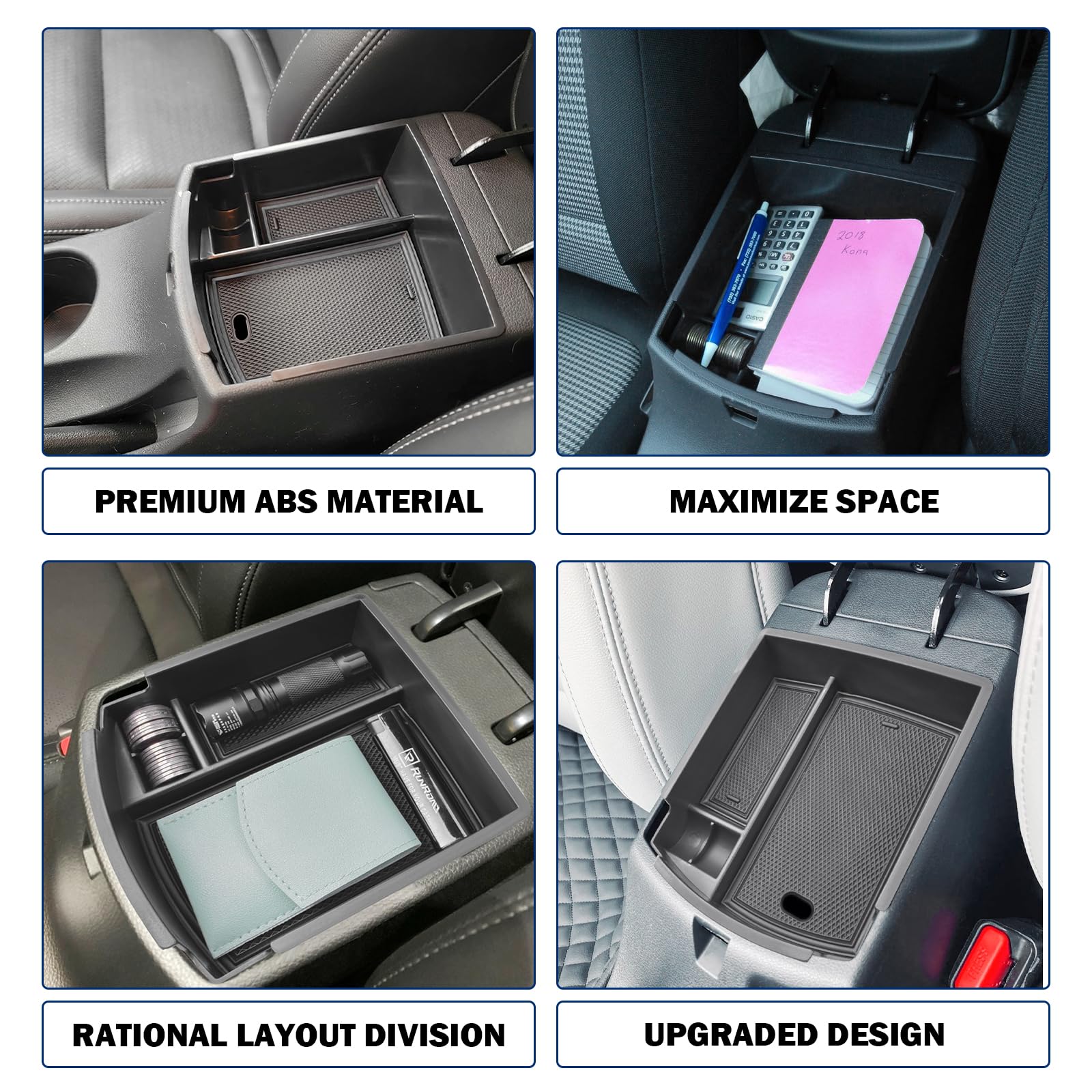 RUNROAD center console insert maximizes space and minimizes clutter inside Kona.