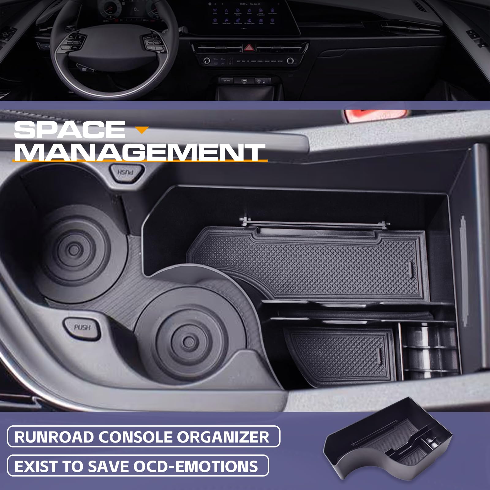 RUNROAD durable ABS tray for NIRO center console during daily driving.