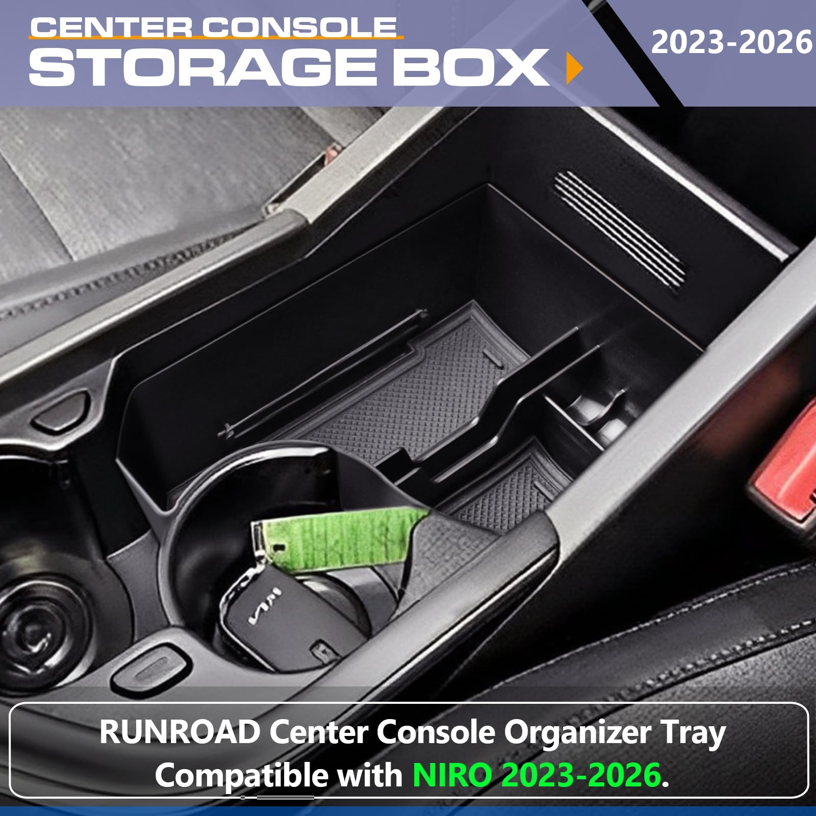 RUNROAD NIRO two-layer storage tray keeps items organized during drives.