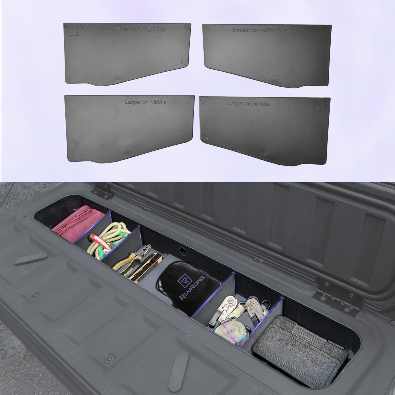RUNROAD divider system creates organized storage for tools and groceries.