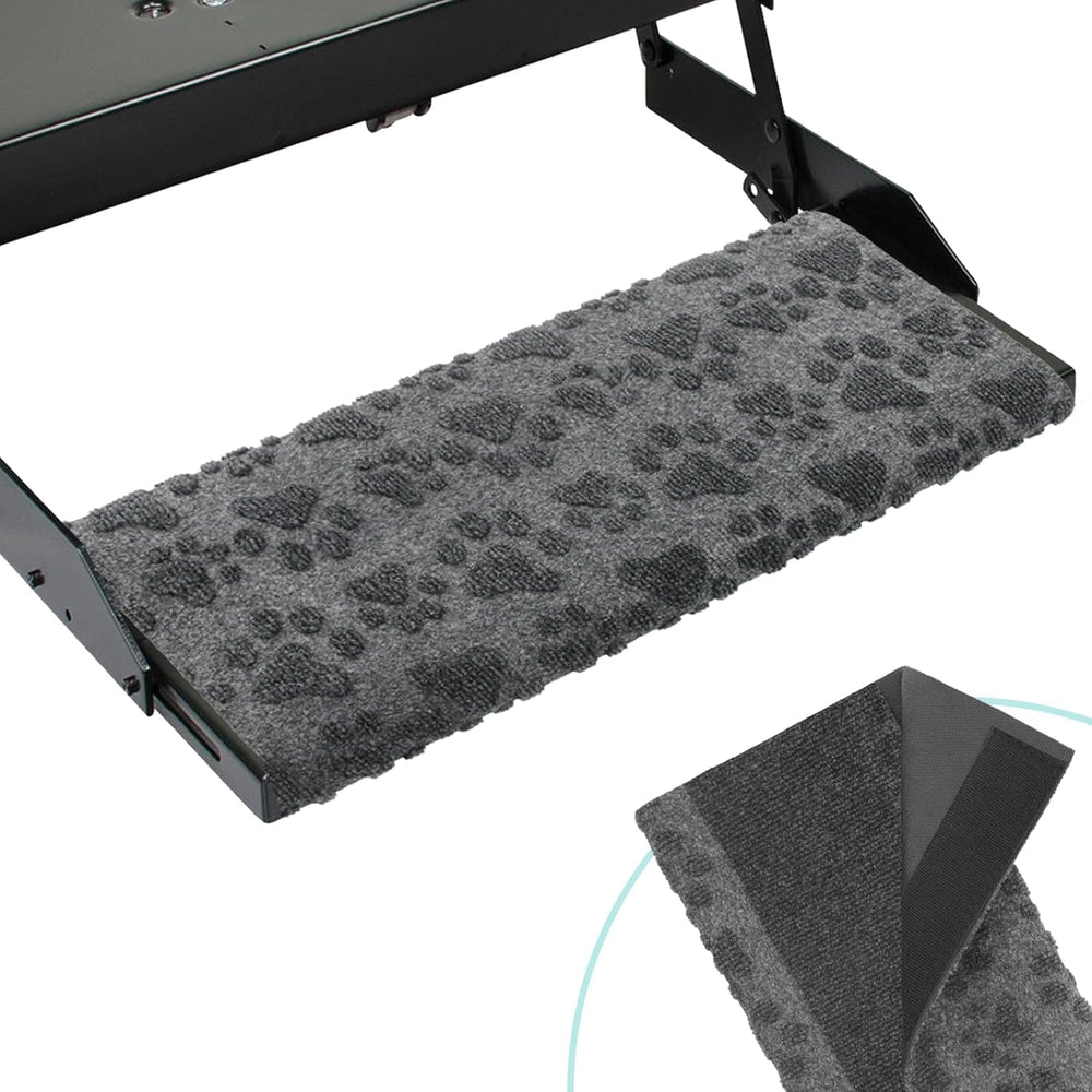 RUNROLE No Spring RV Step Cover front view showing non-slip surface and paws