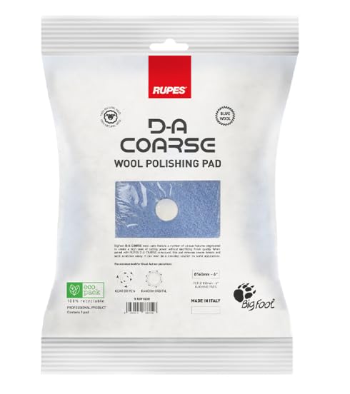 RUPES 9.NW160H blue wool pad label view indicates Precision Pro Coarse design for heavy defects.