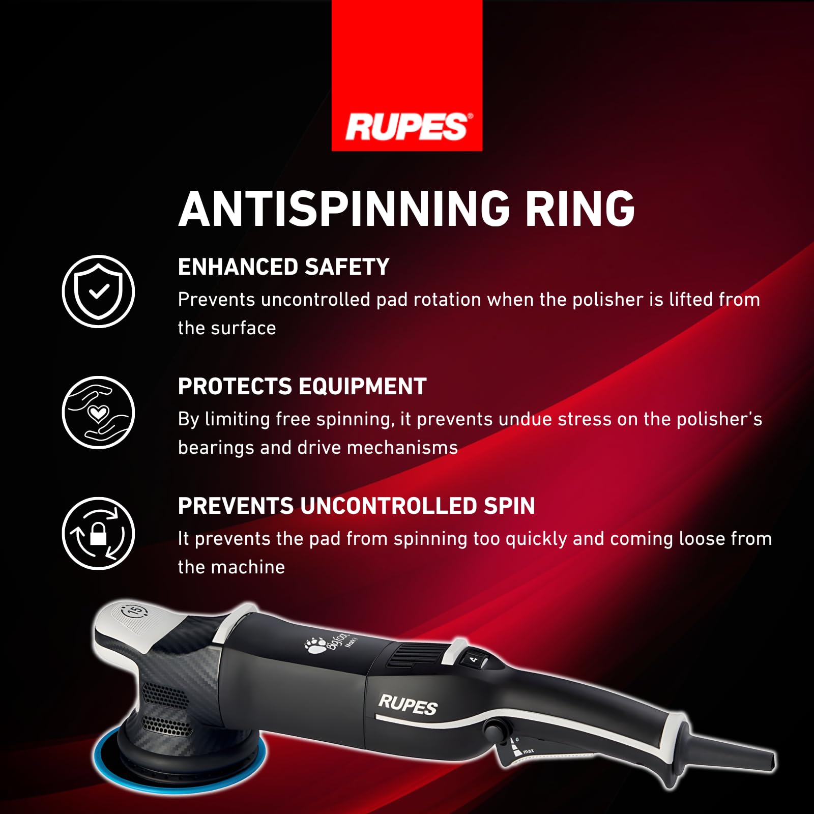 Ventilation design on Rupes polisher promoting cooling during extended use