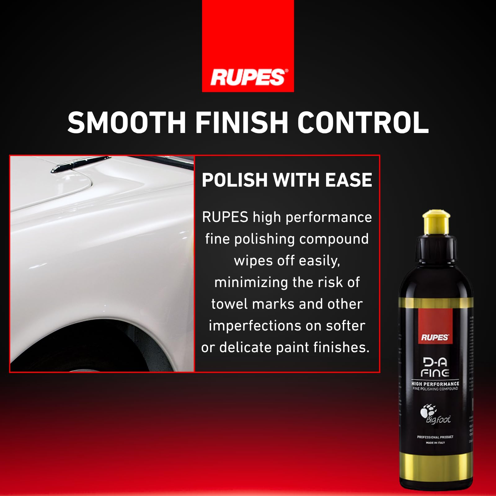 RUPES D-A Fine easy wipe-off illustrates minimal towel marking