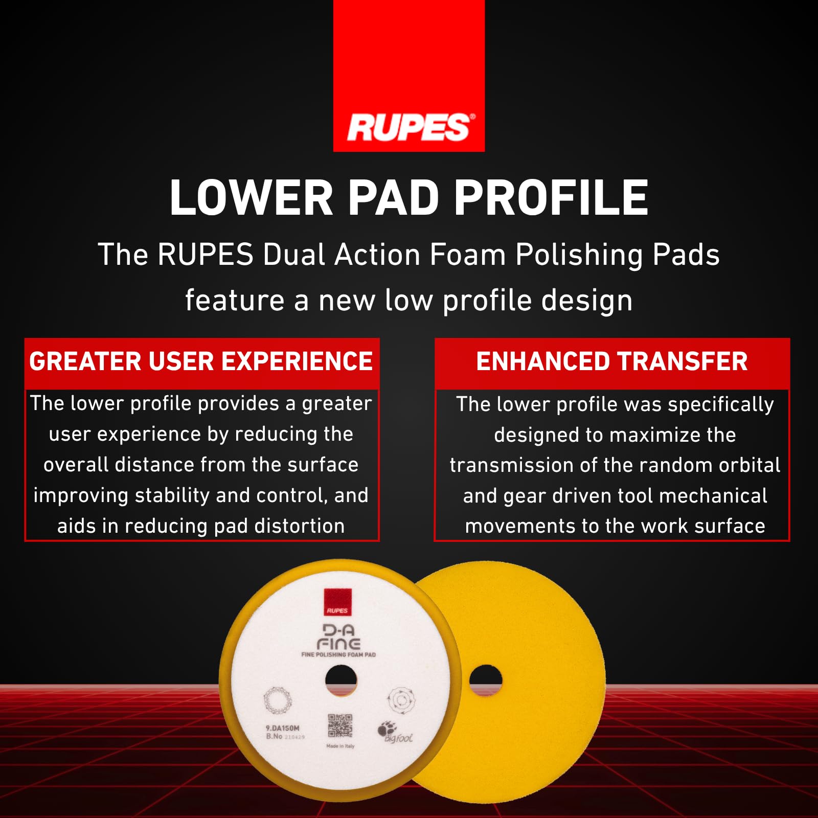 RUPES 2-pack yellow D-A ultra-fine foam polishing pads for repeated use.