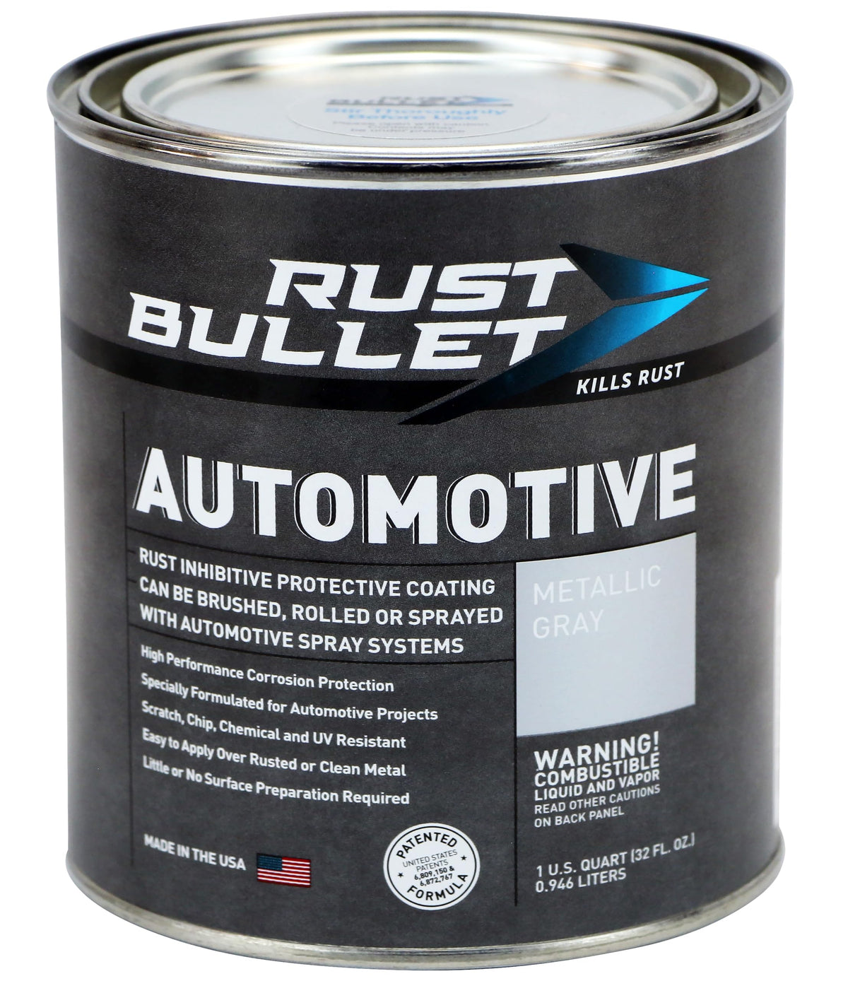 RUST BULLET Automotive metallic gray bottle ready for rust protection on metal.