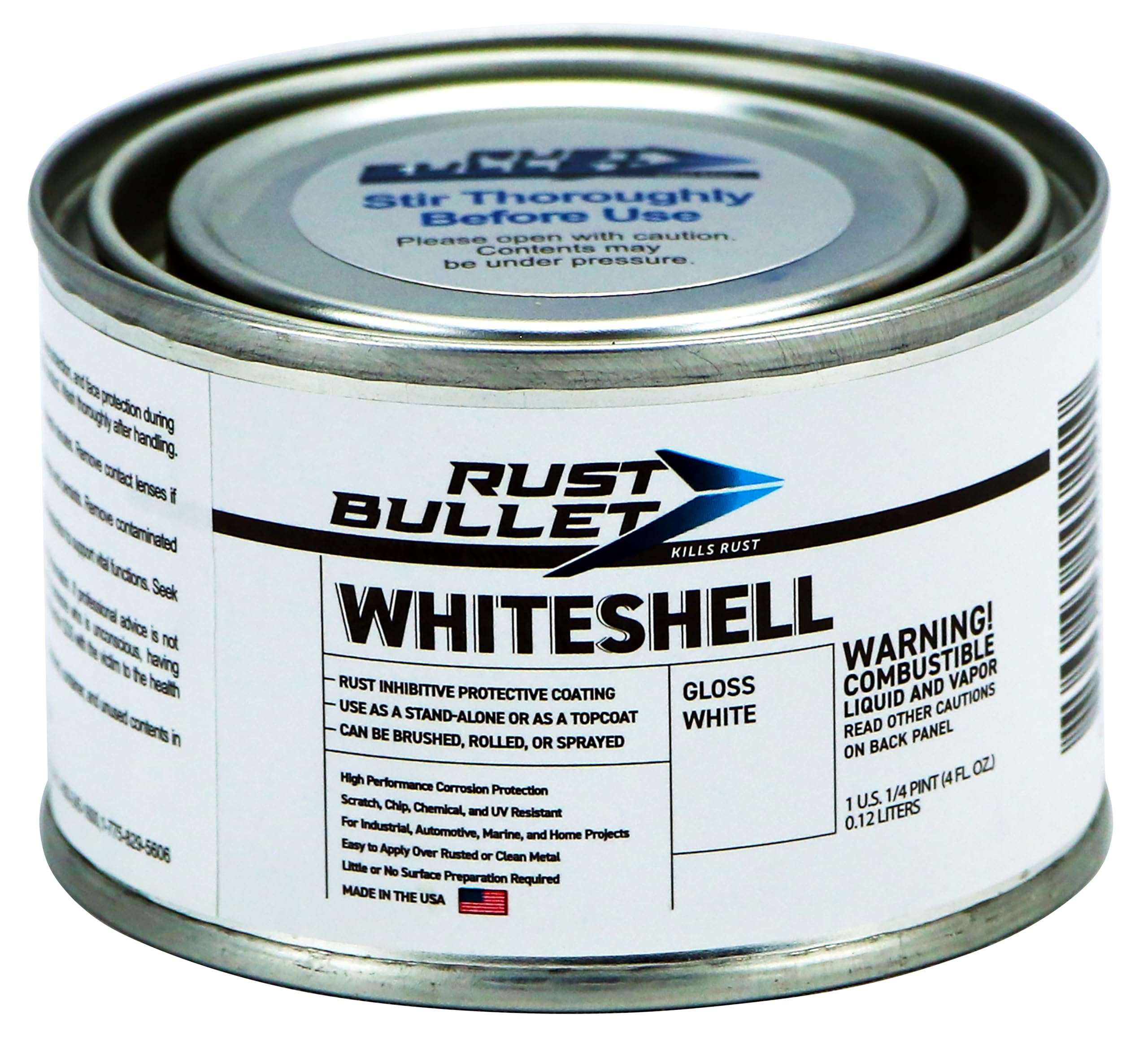 Rust Bullet WhiteShell gloss-white bottle applying durable metal finish.