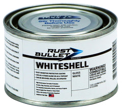 Rust Bullet WhiteShell gloss-white bottle applying durable metal finish.