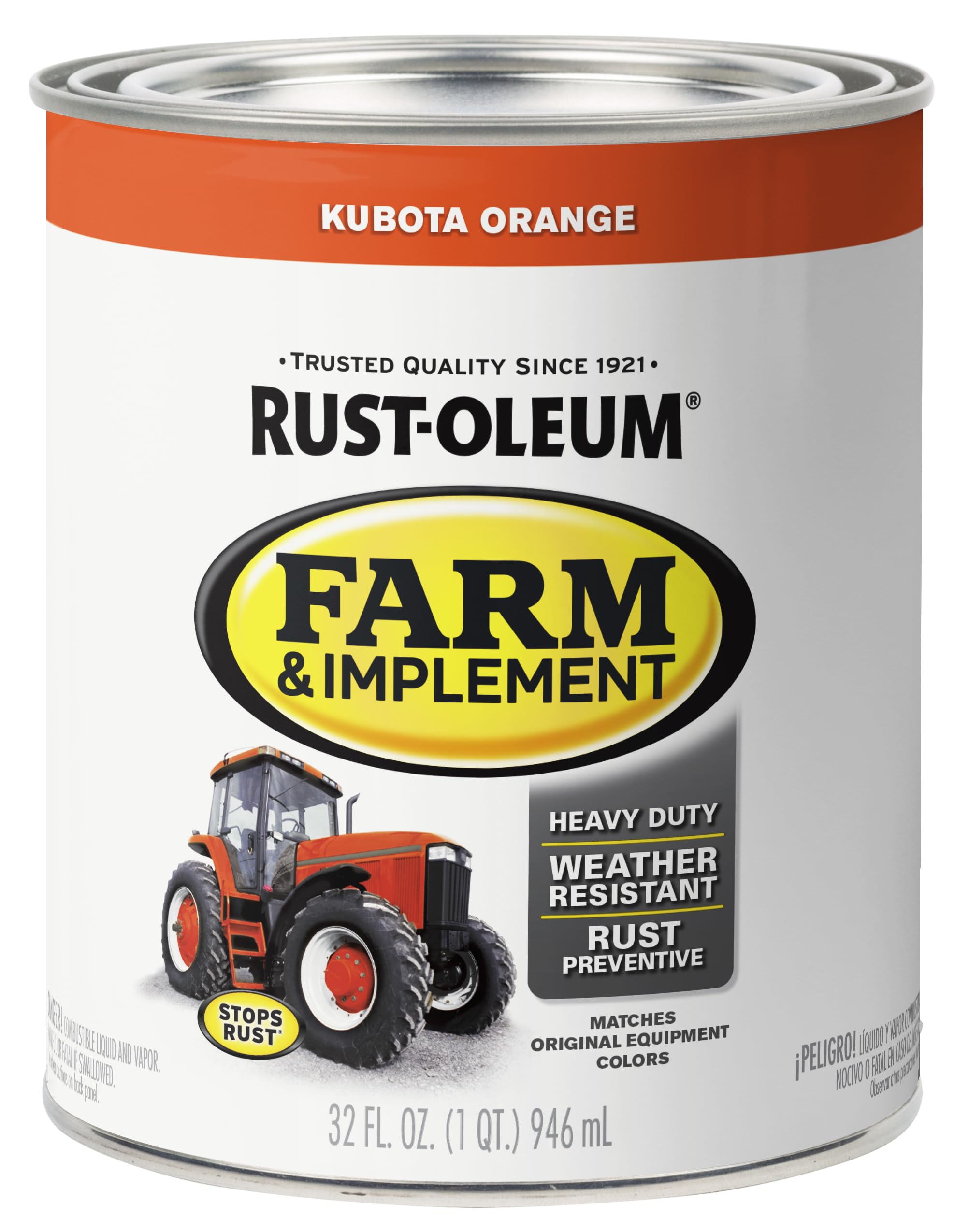 Rust-Oleum Farm & Implement Kubota Orange enamel on metal surface; OEM color match enhances appearance
