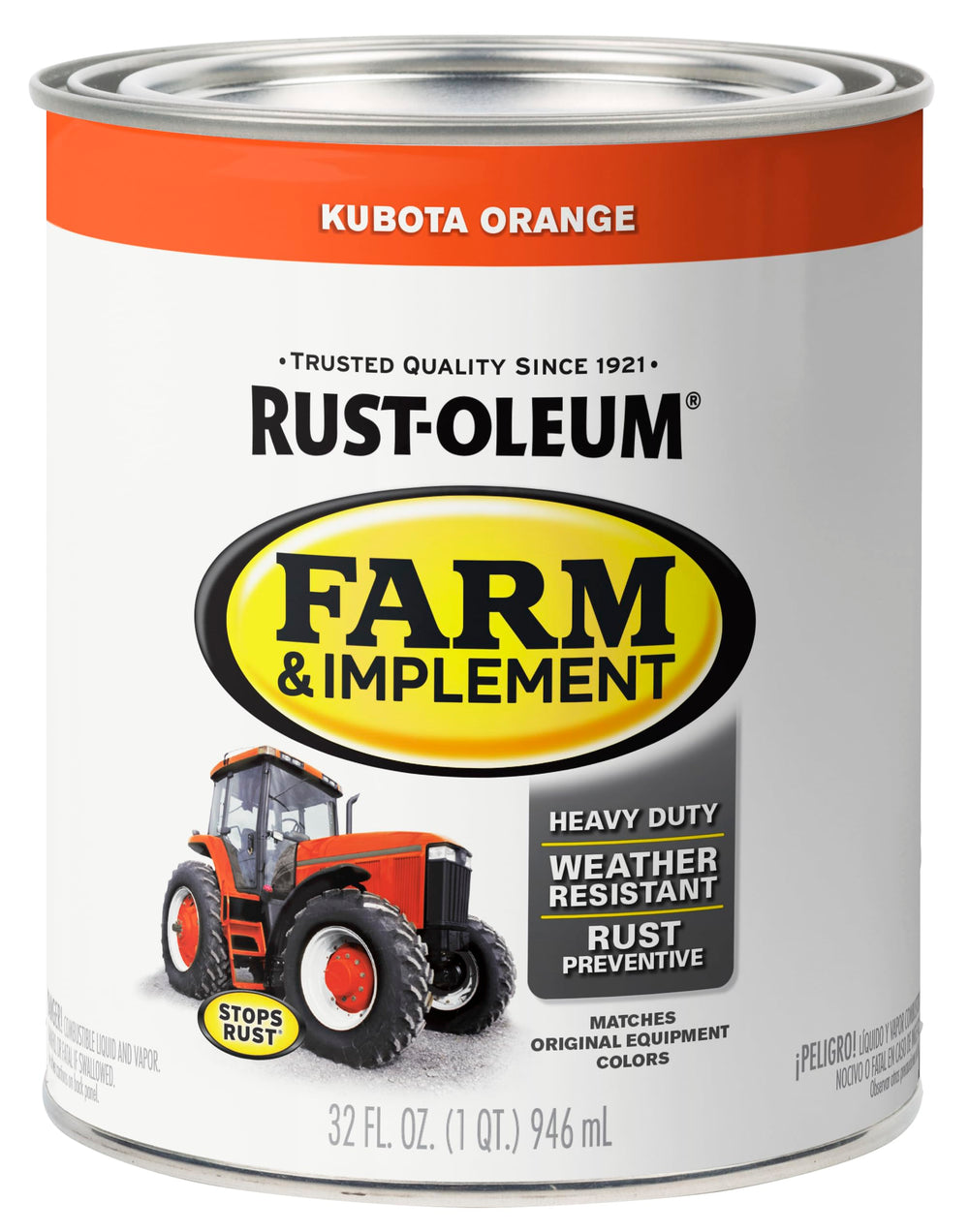 Rust-Oleum Farm & Implement Kubota Orange enamel on metal surface; OEM color match enhances appearance