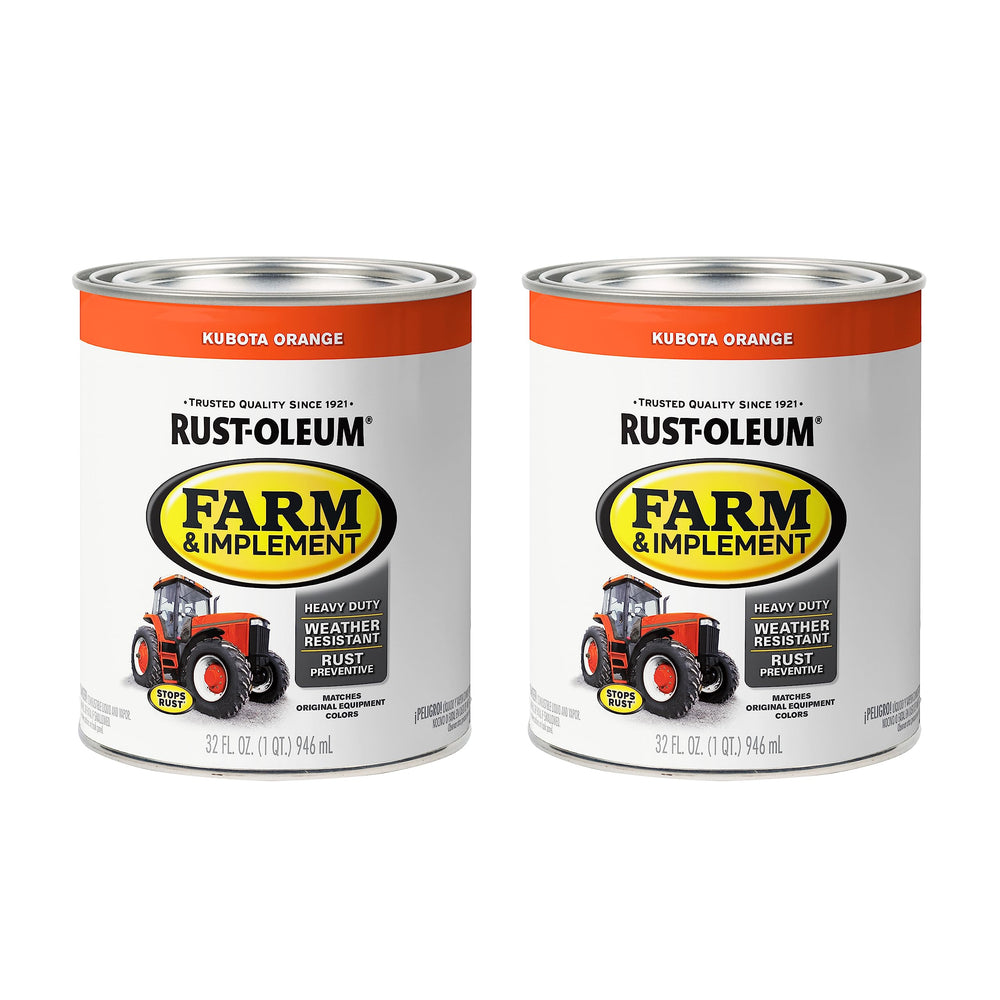 Rust-Oleum Farm & Implement Kubota Orange enamel on tractor hood; durable protection for heavy equipment