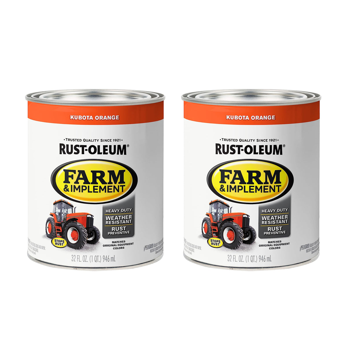 Rust-Oleum Farm & Implement Kubota Orange enamel on tractor hood; durable protection for heavy equipment