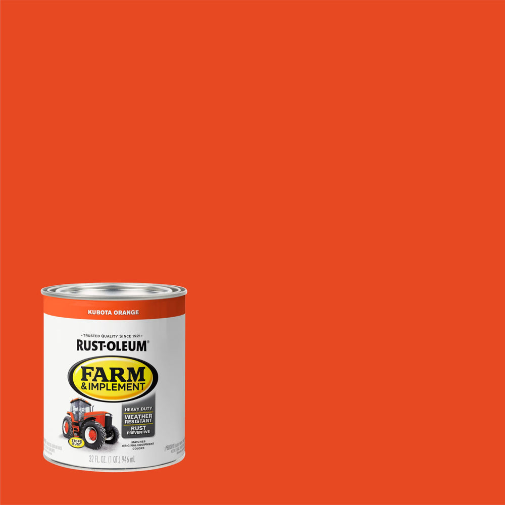 Rust-Oleum Farm & Implement Kubota Orange enamel on trailer frame; weather-resistant finish protects metal surfaces