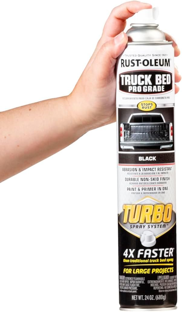 Rust-Oleum Truck Bed Turbo shows textured matte finish on metal surfaces.