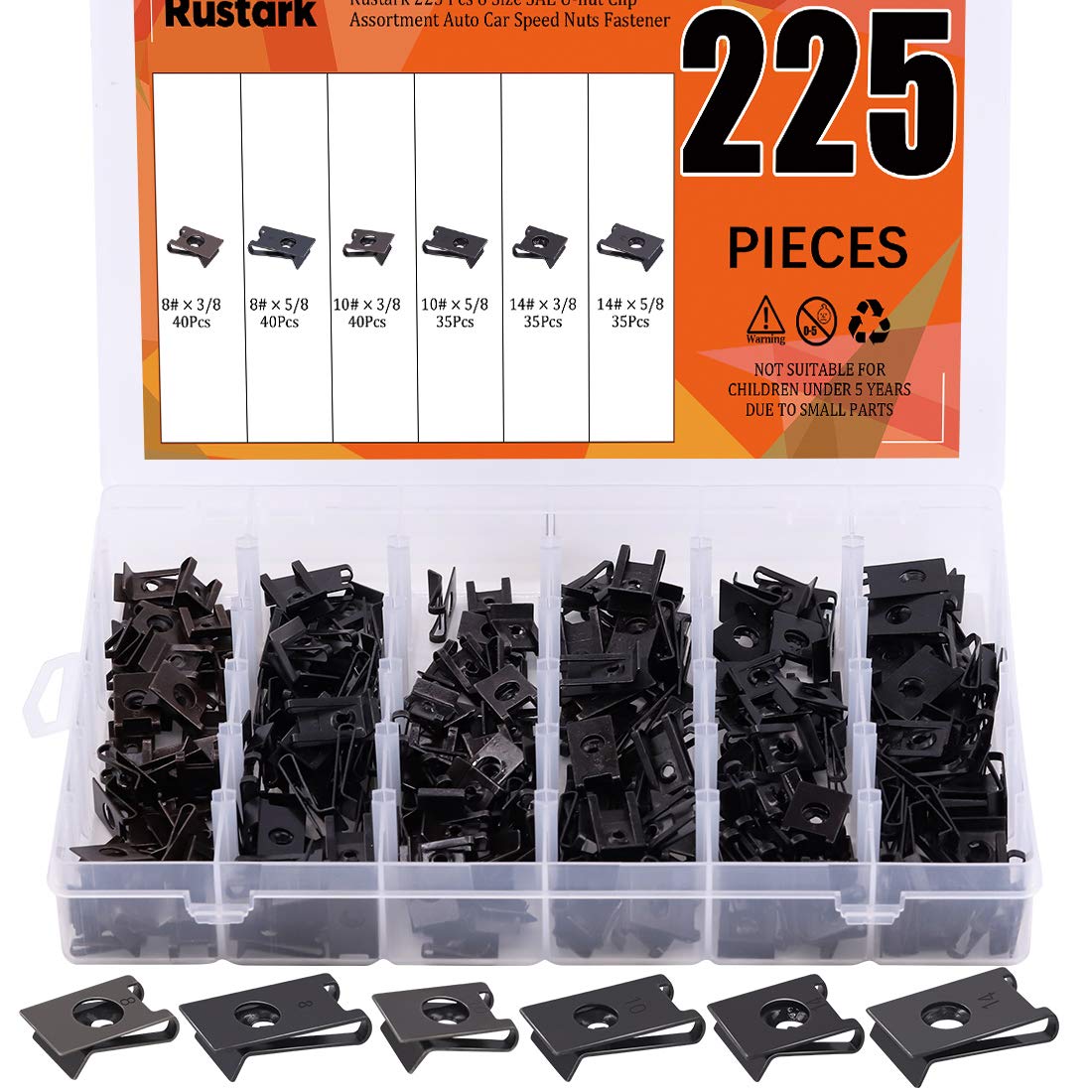 Rustark 225-piece U-nut clip assortment in storage case for quick auto panel repairs