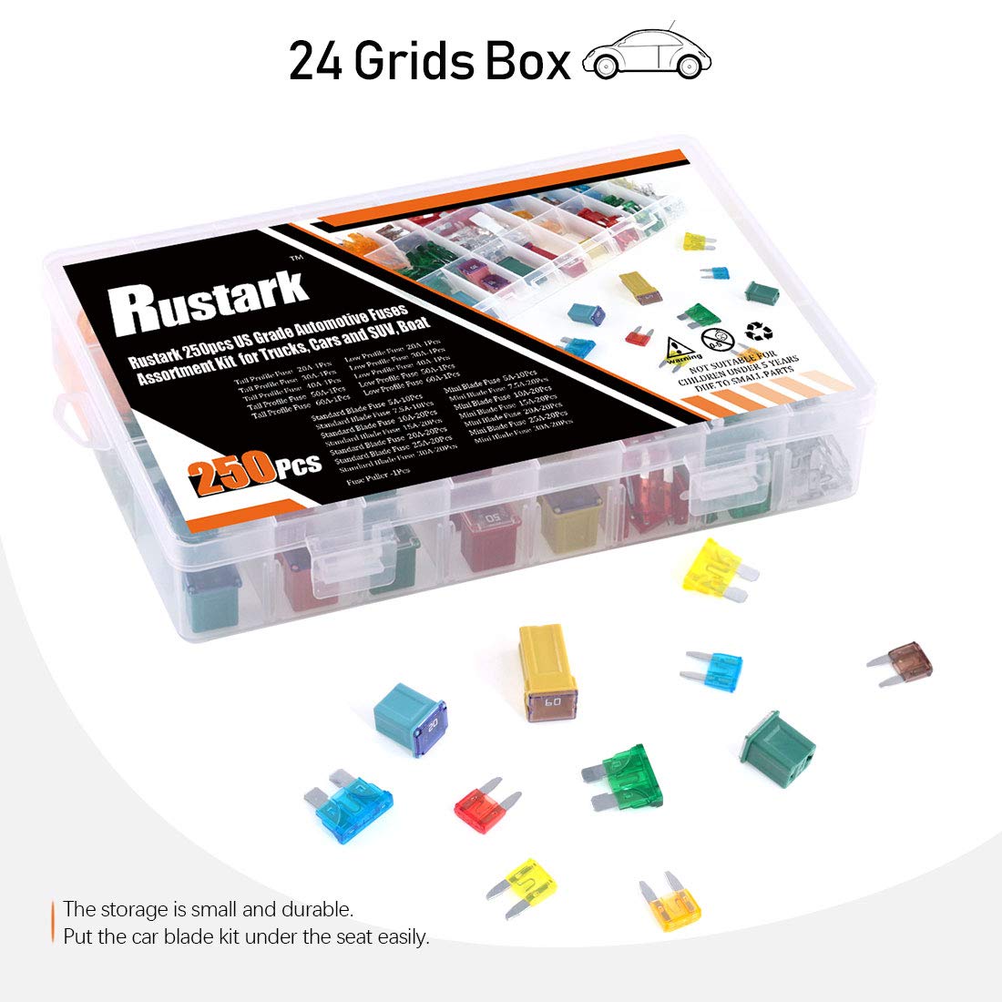 Rustark mini blade fuses with puller for quick replacements.