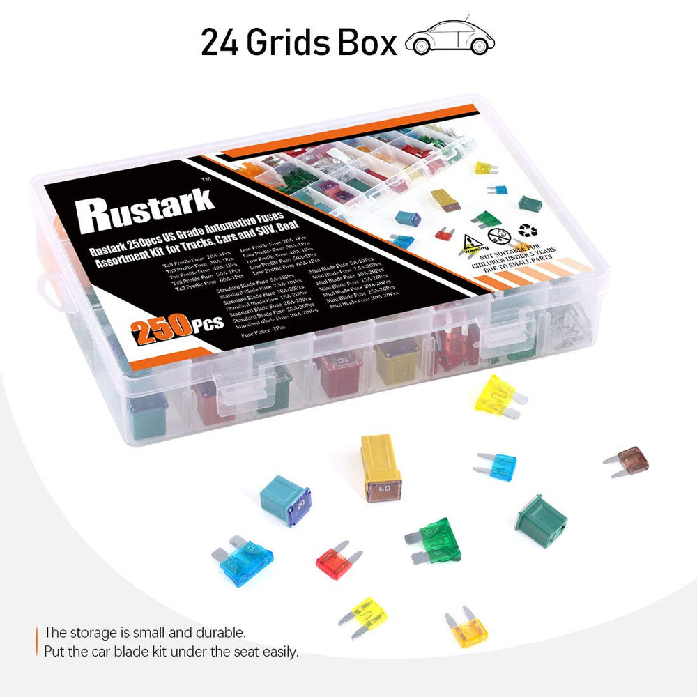 Rustark mini blade fuses with puller for quick replacements.