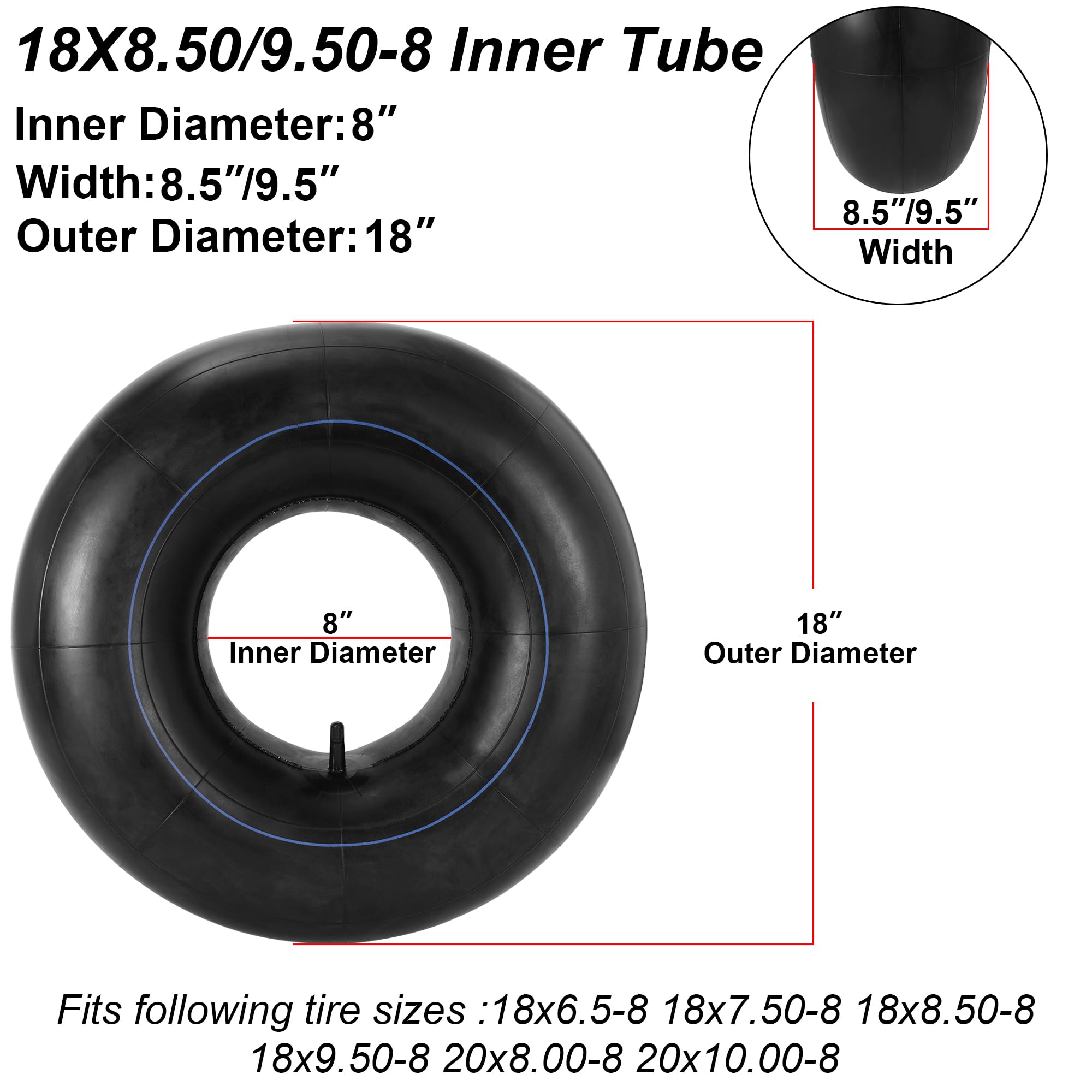 RUTU universal inner tube 18x9.50-8 for GoKarts and carts with versatile fit.