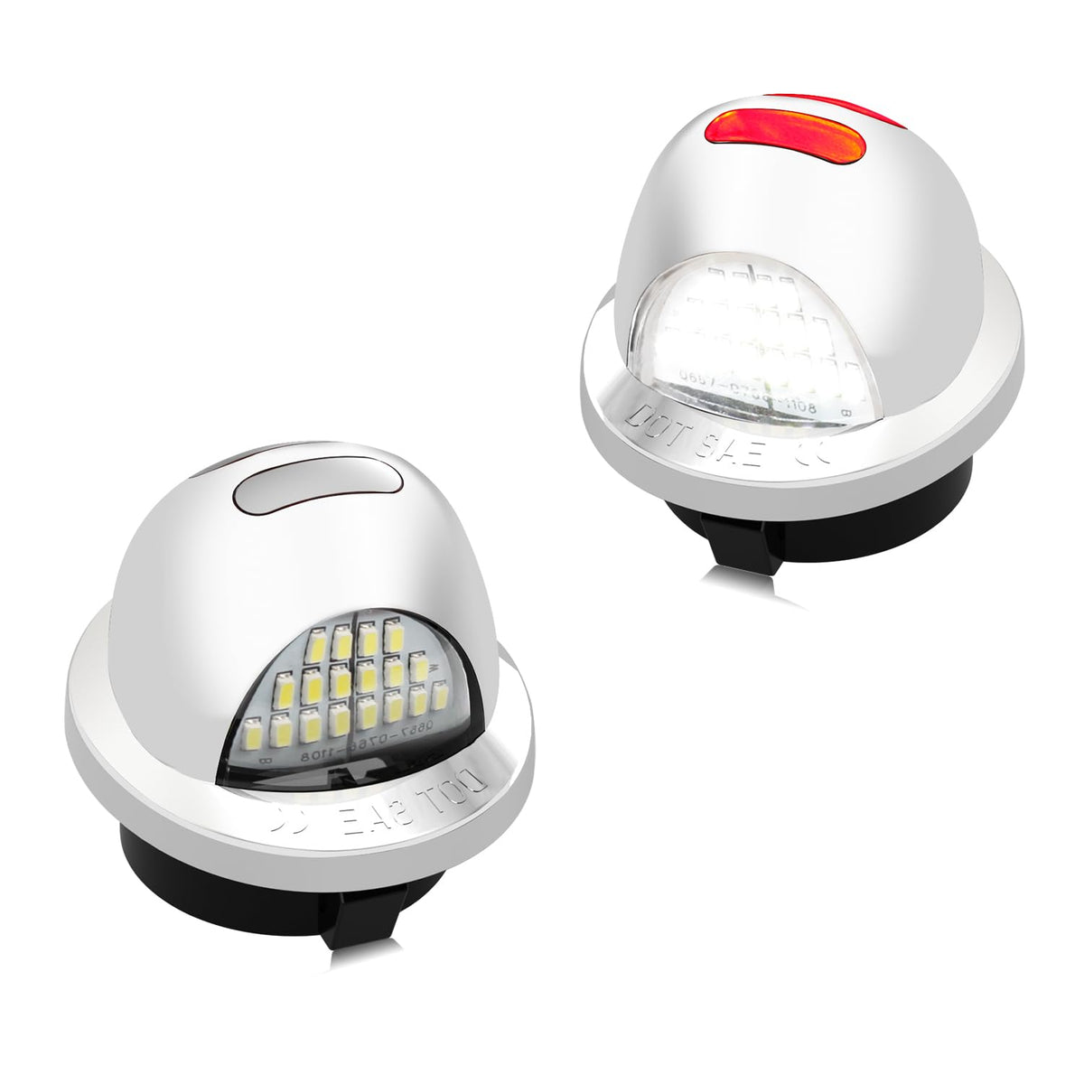 RUXIFEY chrome LED license plate light with neon red glow for higher night visibility.